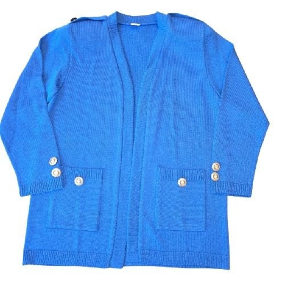 Vintage 80s M‎ Royal Blue Open Front Cardigan Gold Crest Buttons Epaulettes
